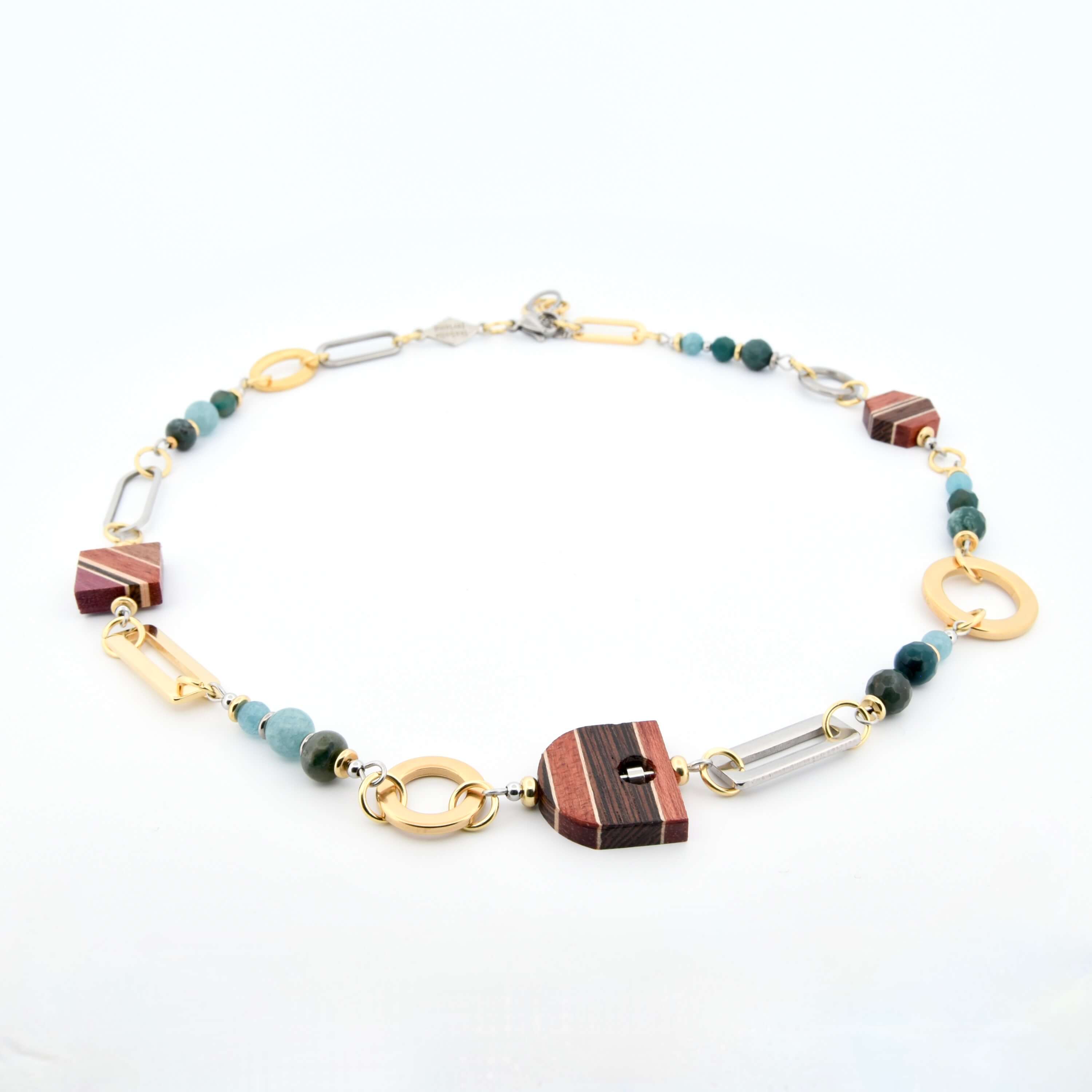 Collier court argent avec perles d'agate et acier inoydable