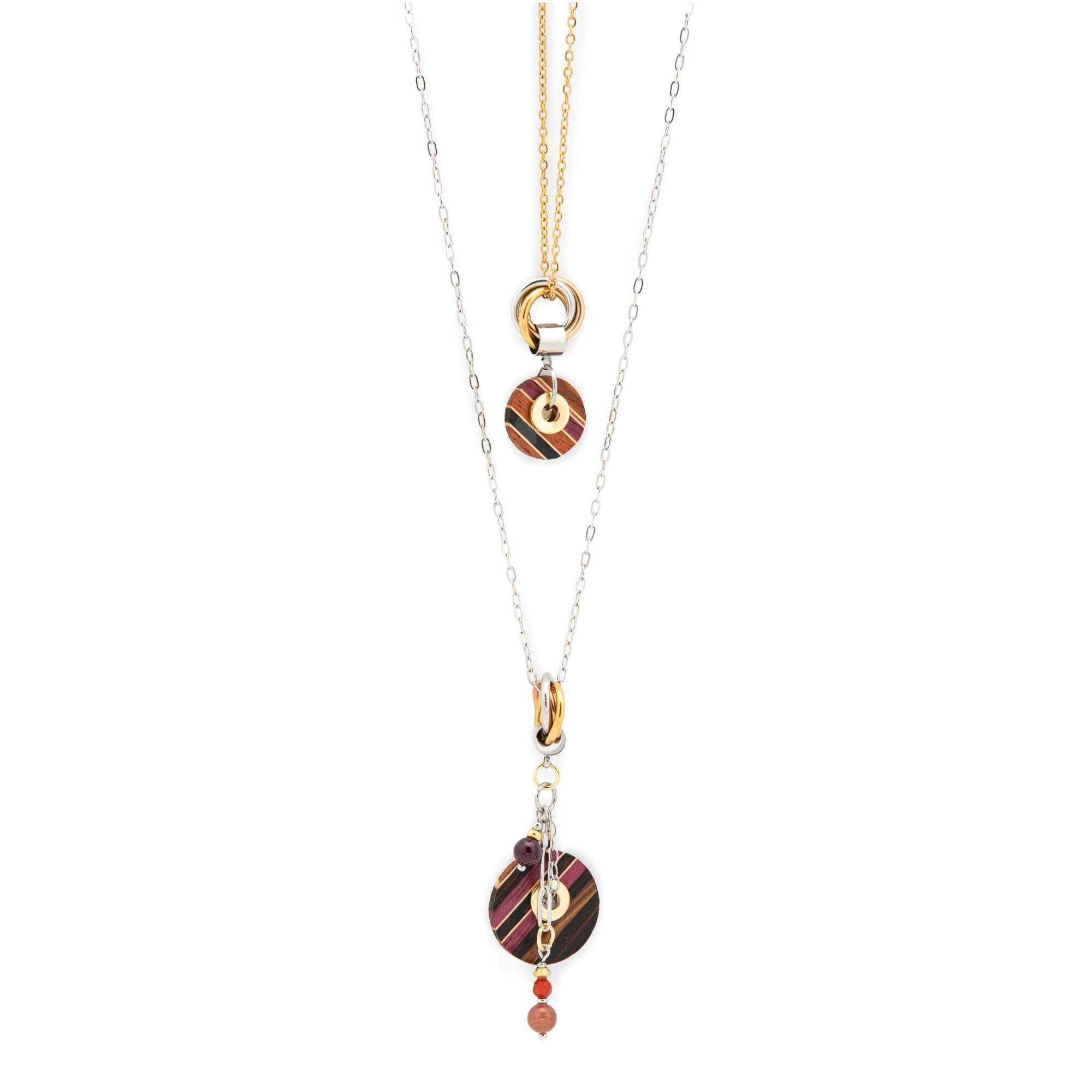 Collier pendentif mosaïque de bois et acier inoxydable 316 hypoallergénique — Bijoux artisanaux Isabelle Ferland, Québec