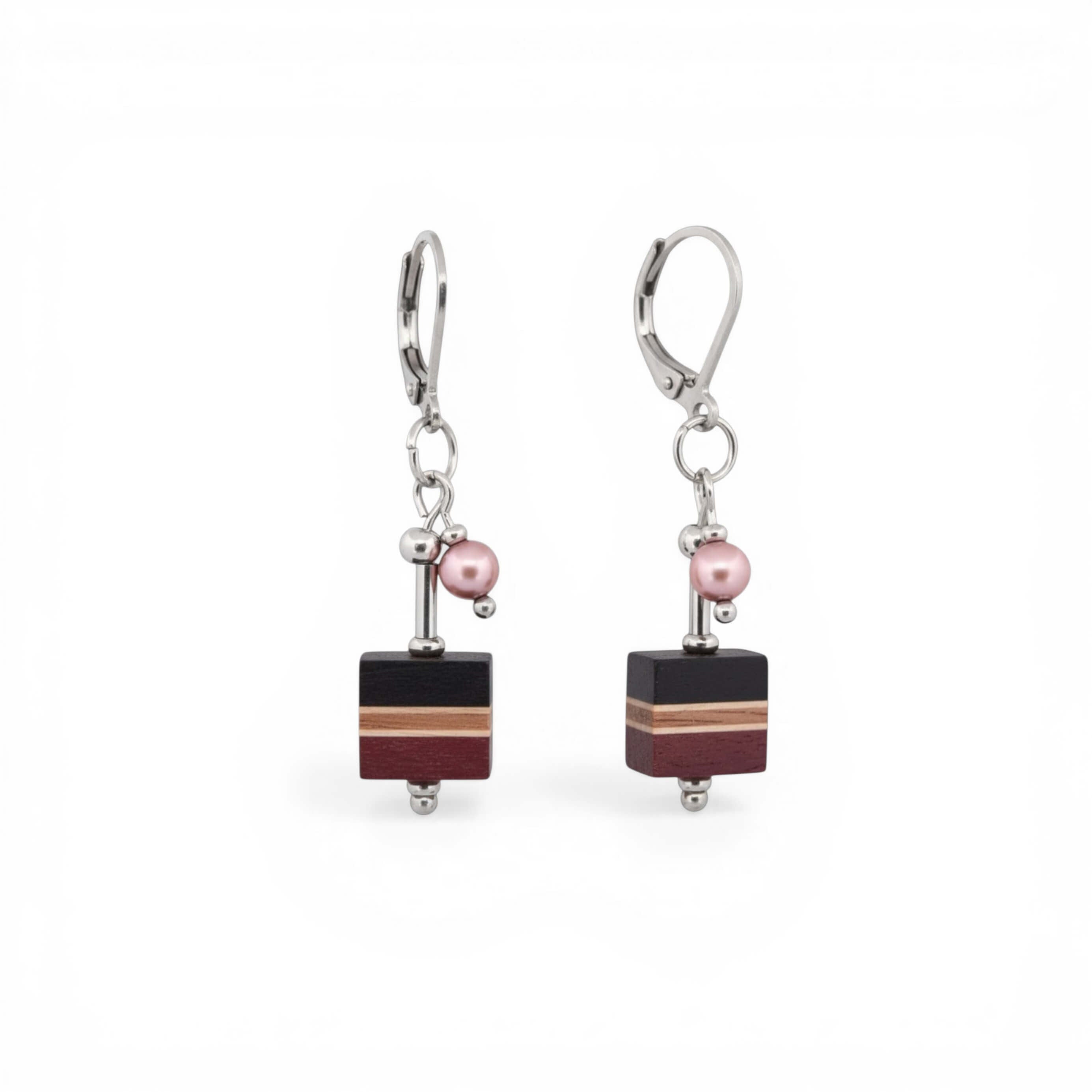 wood earrings with pink perle, handmade Canada