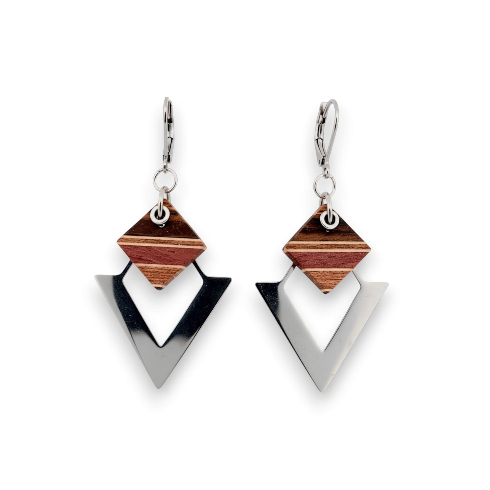 Boucles d'oreilles triangle en acier inoxydable et bois 