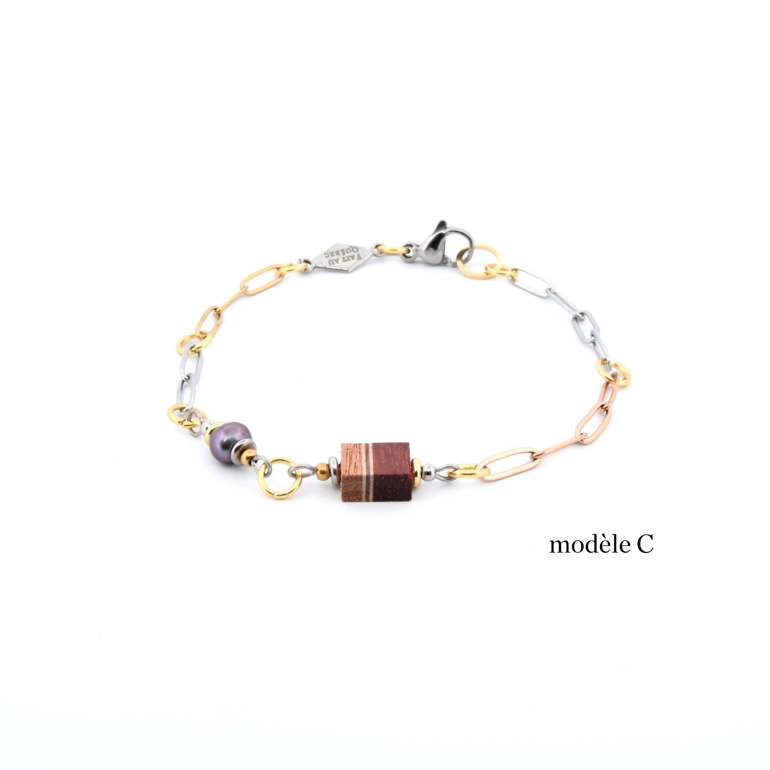 Bracelet acier inoxydable, Bois et Perle d'Eau Douce – création Artisanale