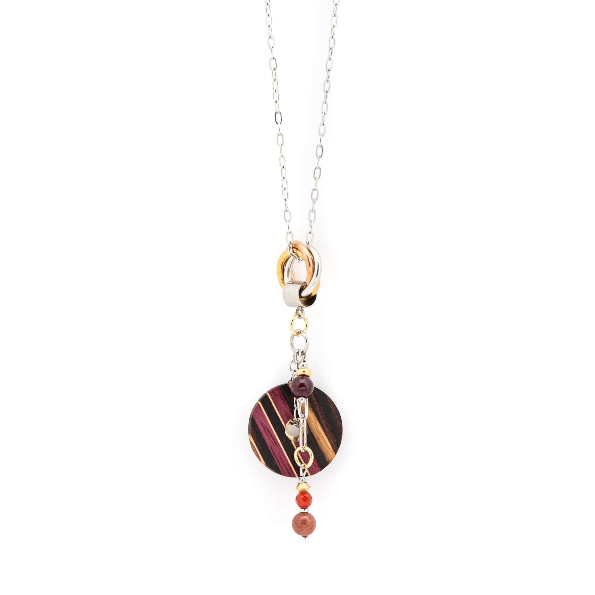 Collier pendentif mosaïque de bois et acier inoxydable 316 hypoallergénique — Bijoux artisanaux Isabelle Ferland, Québec